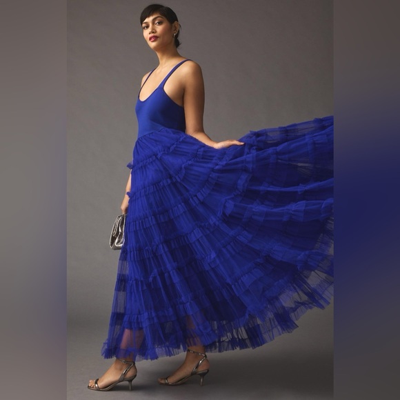 New Anthropologie Let Me Be Tiered Tulle Maxi Dress Blue - Picture 4 of 8